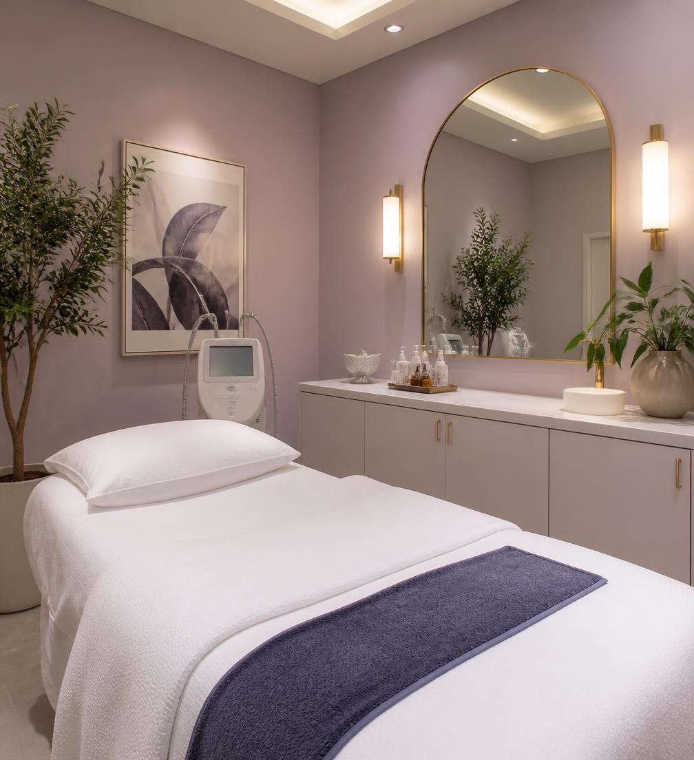 Sala de tratamento da Bella Vita Estética com decoração em tons de lilás