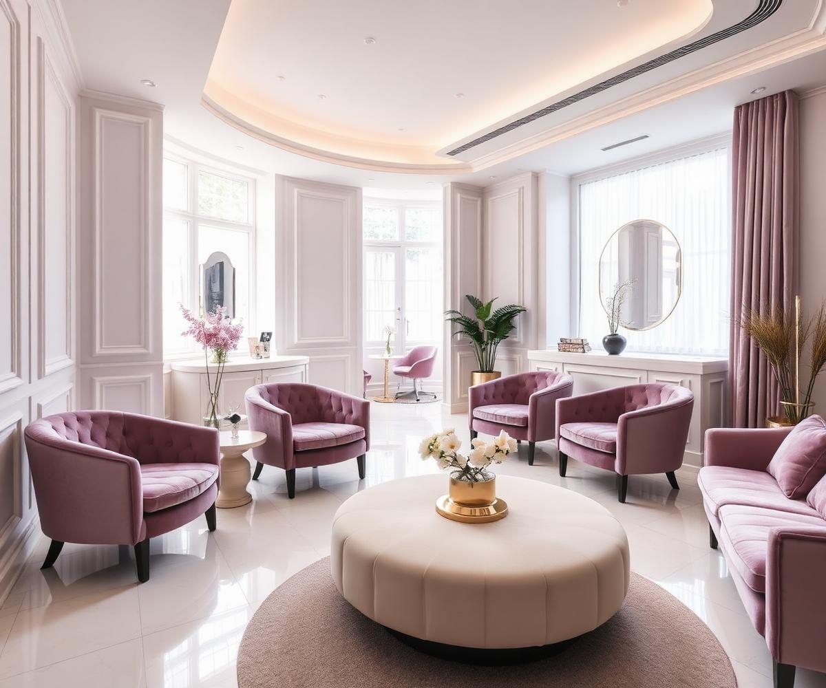 Recepção da Bella Vita Estética com poltronas e decoração elegante