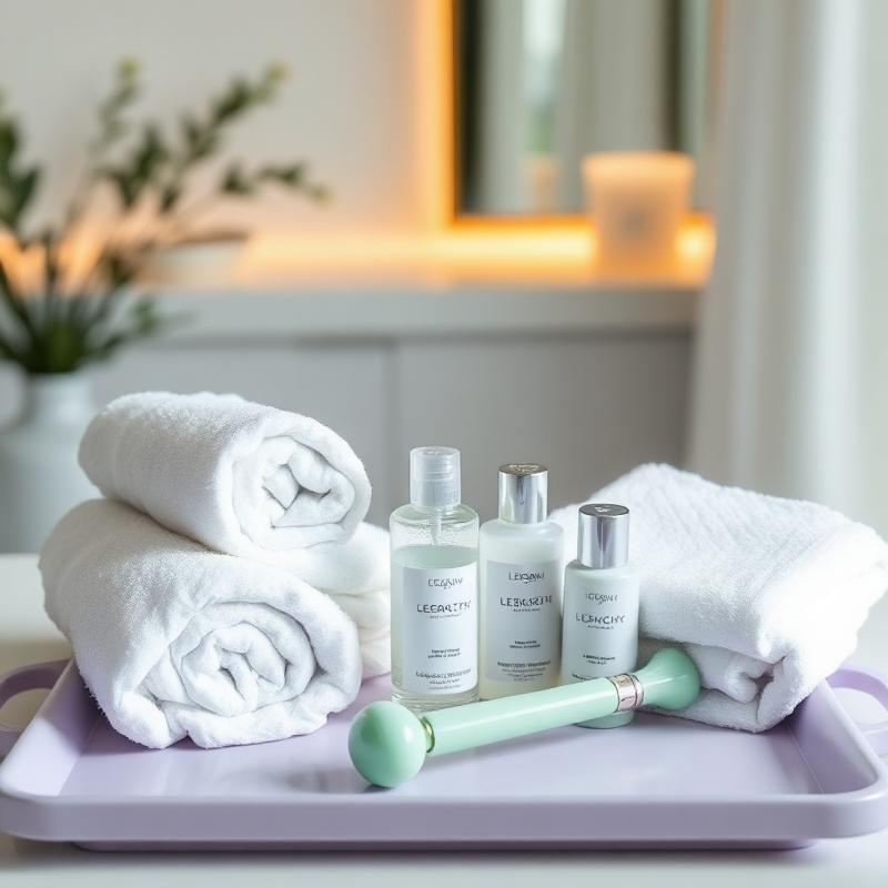Toalhas e produtos de skincare organizados em bandeja lilás